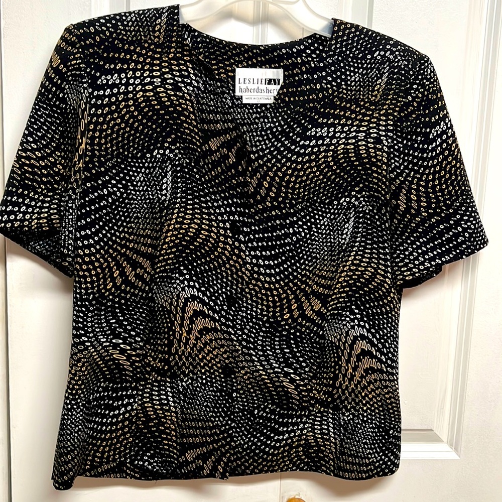 Vintage Leslie Fay Haberdashery Black White Tan Polka Dot Short Sleeve Top 12